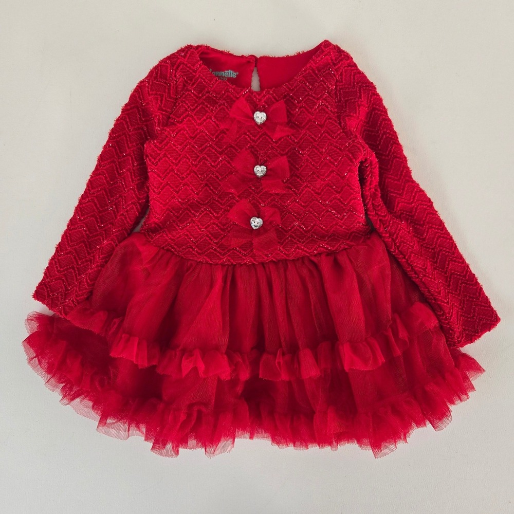 Nannette Baby Dress Girls 24M Red Glitter Chevron Tulle Tutu Heart Holiday Party